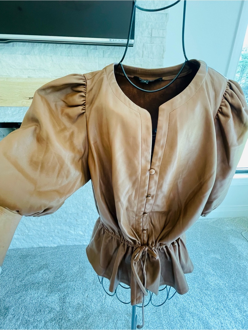 Marc New York by Marc Andrew Brown Faux Leather Peplum Drawstring Top